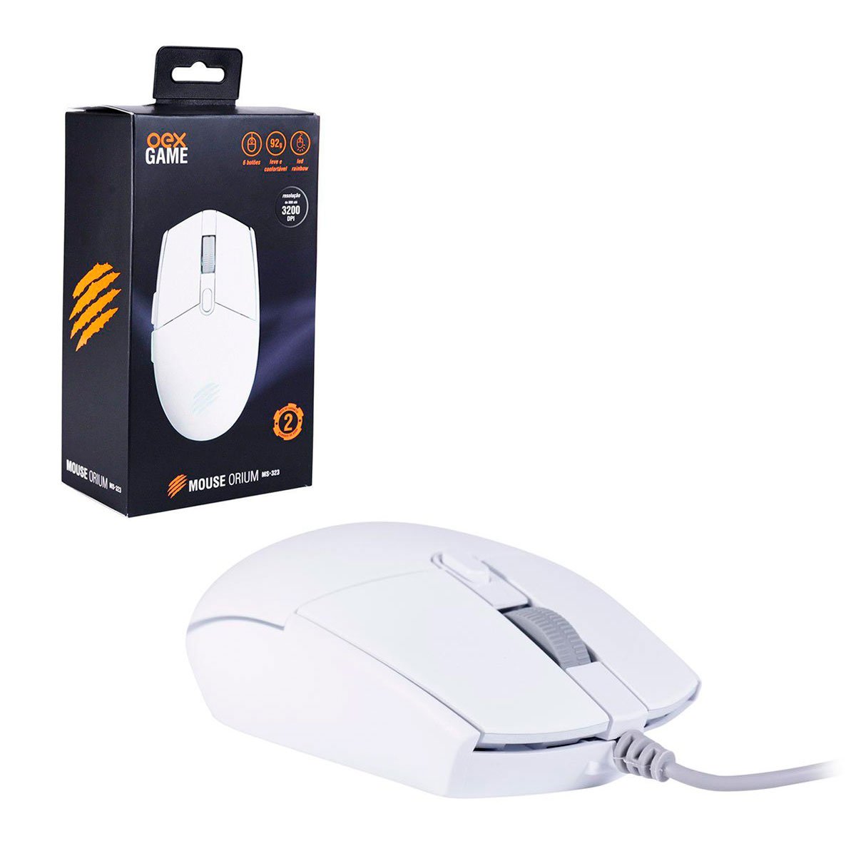 Mouse Gamer OEX Orium MS323, USB, 3200 DPI, LED Rainbow, 6 Botões, Branco