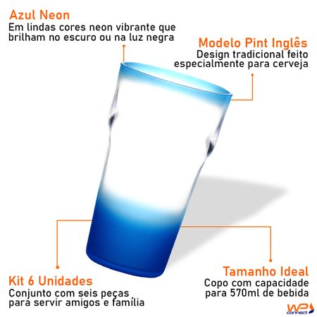 Jogo 6 Copos Neon Para Cerveja em Acrílico Pint 570ml Azul