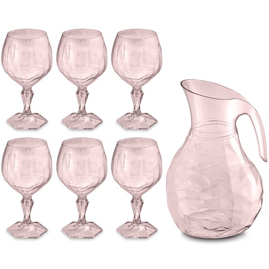 Kit Jarra 2,3L E 6 Taças 350ml Jogo De Refresco Tango Servir Água Suco Rosa Translúcido UZ