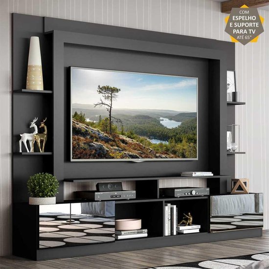 Rack c/ Painel e Suporte TV 65" Portas c/ Espelho Oslo Multimóveis Preto