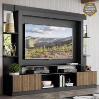 Rack c/ Painel e Suporte TV 65" Prateleiras c/ Espelho Oslo Multimóveis Preto/Madeirado