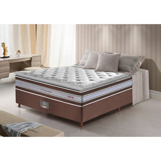 Conjunto Cama Box Casal de Molas Ensacadas D33 com Pillow TOP Cama inBox 138x188x71 Café