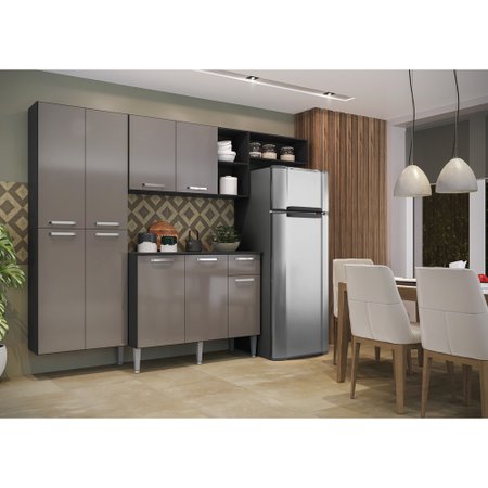Cozinha Compacta com Armário e Balcão com Tampo Pequim Sun Multimóveis Preta/Lacca Fumê