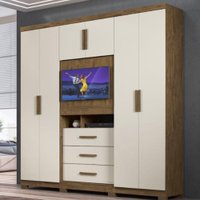 Roupeiro Dubai 6 Portas 3 Gavetas Multifuncional com Painel para Tv de 32 Moval - Castanho Wood/Baunilha