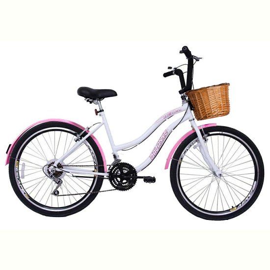Bicicleta Retrô Vintage Aro 26 18v Feminina Beach Rosa com Branco com Cestinha