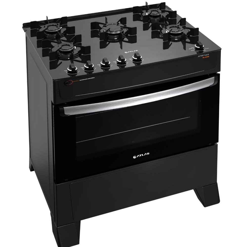 Fogão Atlas 5 Bocas Preto Atenas Glass com Acendimento Automático - Bivolt