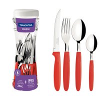Faqueiro Tramontina Ipanema Lâminas Aço Inox Cabos de Polipropileno Vermelho com Pote Plástico 24pçs Tramontina