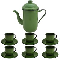 Kit Bule De Café E Chá Com 6 Xícaras e Pires Aço Esmaltado Verde Botânico