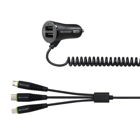 Carregador Automotivo 3 em 1 Type C e IPhone e Micro USB com 2 Portas USB 3.4A Multilaser CB140