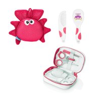 Combo Baby - Esponja de Banho Bubbles, Kit Higiene Rosa e Pente e Escova Para Cabelo Rosa Multikids Baby - BB207K