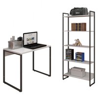 Kit Mesa Para Escritório Home Office 90 cm com Estante Industrial Soft F01 Branco Fosco - Lyam Decor