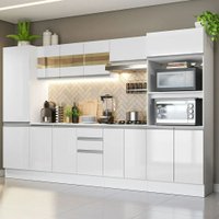 Cozinha Completa 100% MDF Madesa Smart 300 cm Modulada Com Armário, Balcão e Tampo - Frentes Branco Brilho