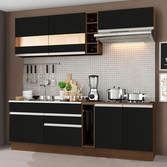 Cozinha Completa Madesa Parma com Armário e Balcão Preto e Marrom - Aéreo Preto e Marrom (Sem tampo e Pia)