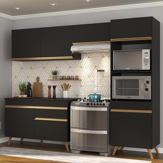 Cozinha Compacta 4 pç c/ Armário e Balcão MP3693 Veneza GB Preta