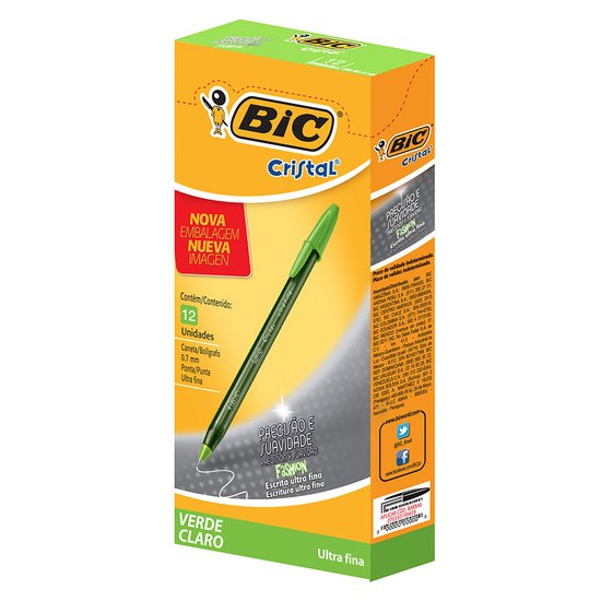 Caneta Esferográfica 0.7mm Cristal Ultra Fina Fashion Verde, Cx. C/ 12 Un. - Bic - 902484