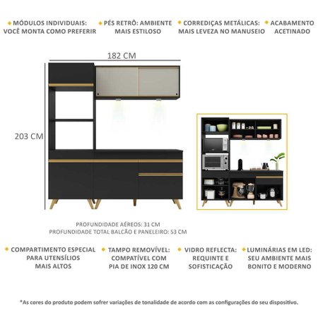 Cozinha Compacta 3 peças com Leds MP2020 Veneza Up Multimóveis Preta