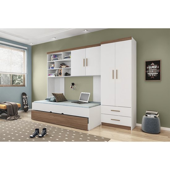 Quarto Modulado Infantil 4 Peças Com Cama Auxiliar Chiara Phoenix - Branco/Amadeirado