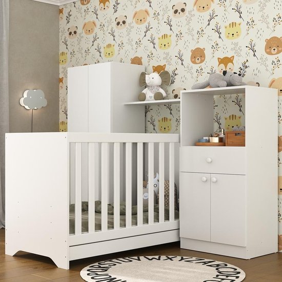 Quarto Infantil com Berço 3 em 1 e Colchão Incluso Luíza Multimóveis Branco