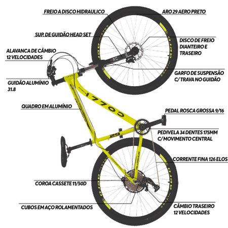 Bicicleta Colli MTB Aro 29 Freio a Disco Hidráulicos 12 Velocidades Colli Bike - Amarelo/Preto