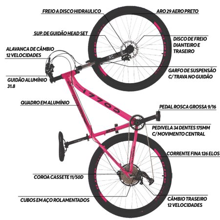 Bicicleta Colli MTB Aro 29 Freio a Disco Hidráulicos 12 Velocidades Colli Bike - Rosa/Preto