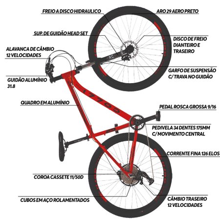 Bicicleta Colli MTB Aro 29 Freio a Disco Hidráulicos 12 Velocidades Colli Bike - Vermelho/Preto