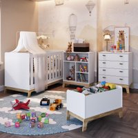 Kit Conjunto Quarto Infantil Berço Para Bebê 3 em 1 Cômoda Estante Caixa Organizadora Branco
