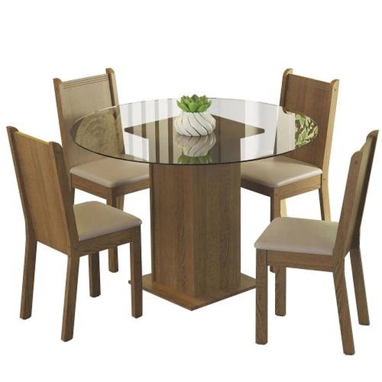 Conjunto Sala de Jantar Madesa Débora Mesa Tampo de Vidro Redondo 4 Cadeiras - Rustic/Bege