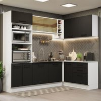 Cozinha Completa de Canto Madesa Agata 399001 com Armário e Balcão (Sem Tampo e Pia) - Branco/Preto