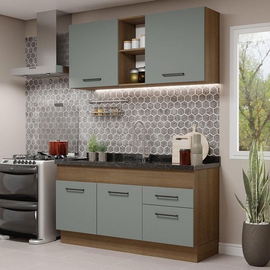 Cozinha Compacta Madesa Agata 150002 com Armário e Balcão (Sem Tampo e Pia) - Rustic/Cinza