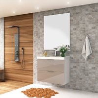 Kit Gabinete para Banheiro Pietra 80cm com Lavatório e Espelheira Móveis Bosi - Branco com Gianduia Brilho