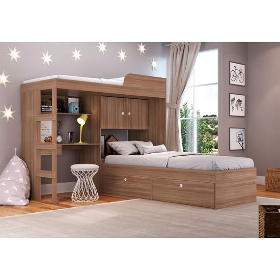 Quarto 2 Cama Solteiro 2 Prateleiras Armário 2 Portas - Montana