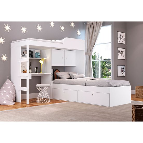 Quarto 2 Cama Solteiro 2 Prateleiras Armário 2 Portas - Branco