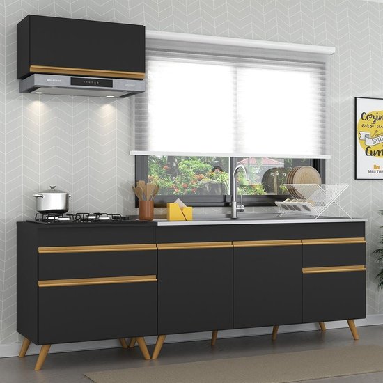 Cozinha Compacta Veneza GB Multimóveis MP2074 com Armário e Balcão Preta