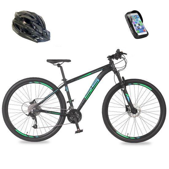 Bicicleta Aro 29 27v Big Evolution 4.0 Preto Fosco Acqua Blue com Capacete e Bolsa