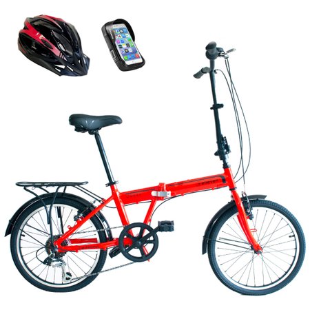 Bicicleta Dobrável em Alumínio Aro 20 6V Shimano Vermelho com Capacete e Bolsa