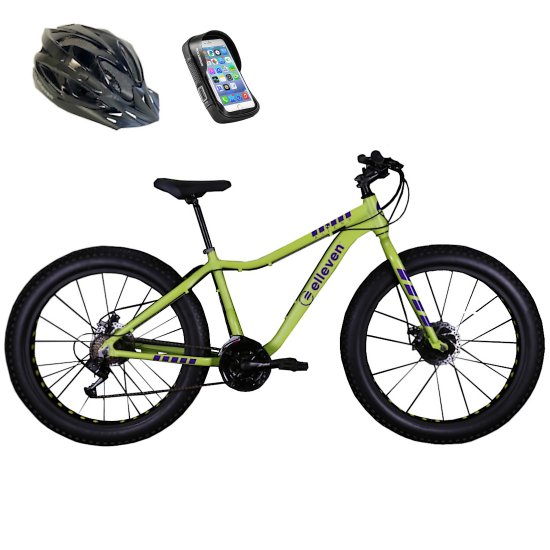 Bicicleta Fat Bike Pneu Largo Aro 26 21V Shimano Verde Oliva com Capacete e Bolsa