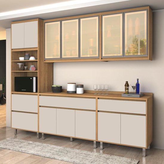 Cozinha Modulada Completa 12 Portas Agata - Freijó com Off White - Vitamov
