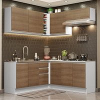 Cozinha Completa de Canto Madesa Glamy 349003 com Armário e Balcão (Sem Tampo e Pia) - Branco/Rustic