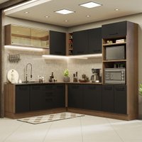 Cozinha Completa de Canto Madesa Agata 459001 com Armário e Balcão (Sem Tampo e Pia) - Rustic/Preto
