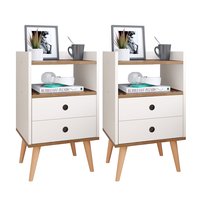 Jogo 2 Mesas de Cabeceira Pequena Kit Mesinhas Apoio Nicho Gavetas Decoração Quarto Casal Dream - Off White/Freijó- RPM