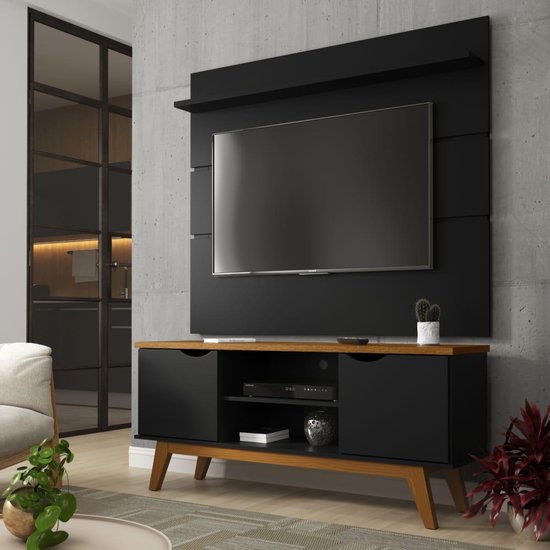 Conjunto Sala Rack com Painel Prism 1.4 - Preto com Cumarú - Patrimar Móveis