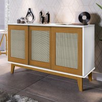 Balcão Aparador Buffet Retrô 3 Portas Detroit - Branco com Madeira - Tebarrot