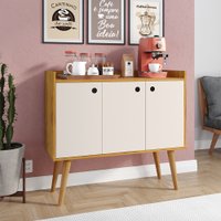 Aparador Buffet Wood Prime 3 Portas Cantinho Café Prateleira Organizadora Pés Palito Decoração Retrô - Nature Off White