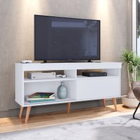 Rack Bancada Estilo Retrô Tv Até 55 Polegadas Porta de Correr e Pés Palito Sala Pequena Samba - Branco - Lojas RPM