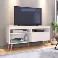 Rack Bancada Estilo Retrô Tv Até 55 Polegadas Porta de Correr e Pés Palito Sala Pequena Samba - Off White - Lojas RPM