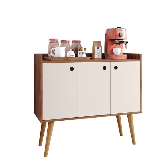 Aparador Buffet Wood 3 Portas Cantinho Café Prateleira Organizadora Pés Palito Decoração Retrô - Freijó|Off White -RPM