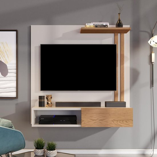 Painel Para TV 32 Polegadas Flow com Porta - Off White com Nature - RPM Móveis