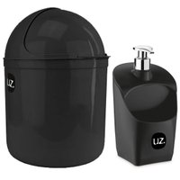 Kit Lixeira 4L Capacete E Dispenser De Detergente Porta Esponja Preto