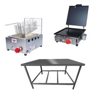 Kit Lanchonete Mesa de Manipulação 100x55cm + Fritadeira a Gás 1 Cuba + Chapa a Gás 30cm Alcamar