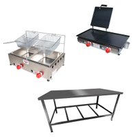 Kit Lanchonete Mesa de Manipulação 120x55cm + Fritadeira a Gás 2 Cuba + Chapa a Gás 60cm Alcamar